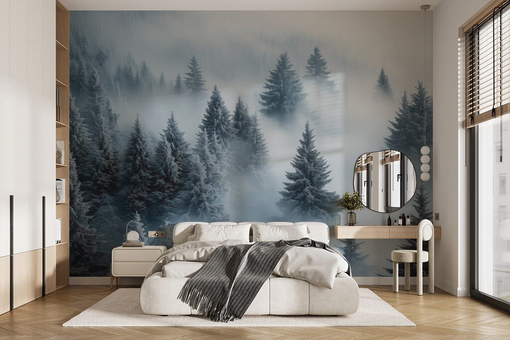 Pines rising from mist — interior 1