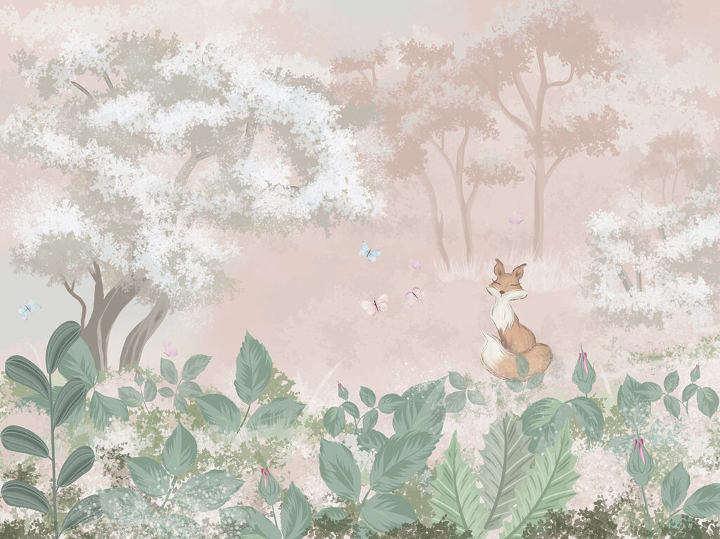 Fox among woodland blossom — full design