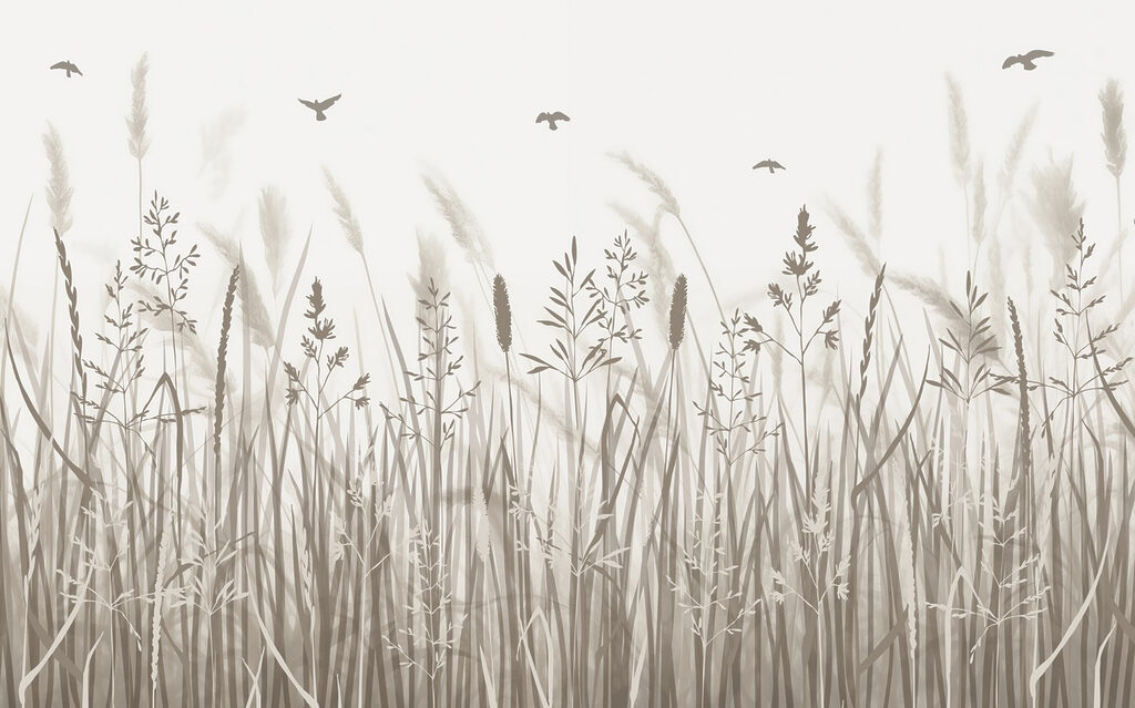 Birds above tall grasses — full design