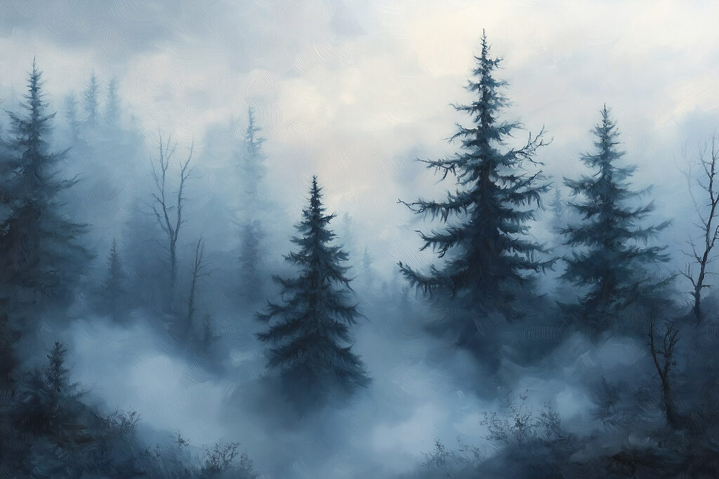Pines above forest clouds — full design