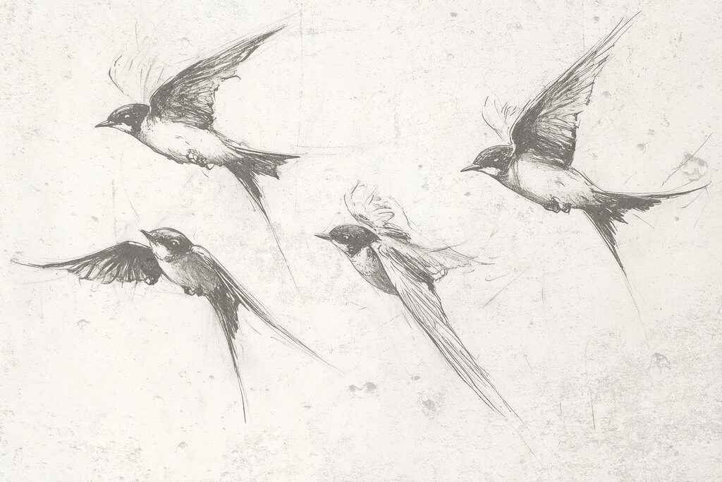 Swallows in pencil lines — full design