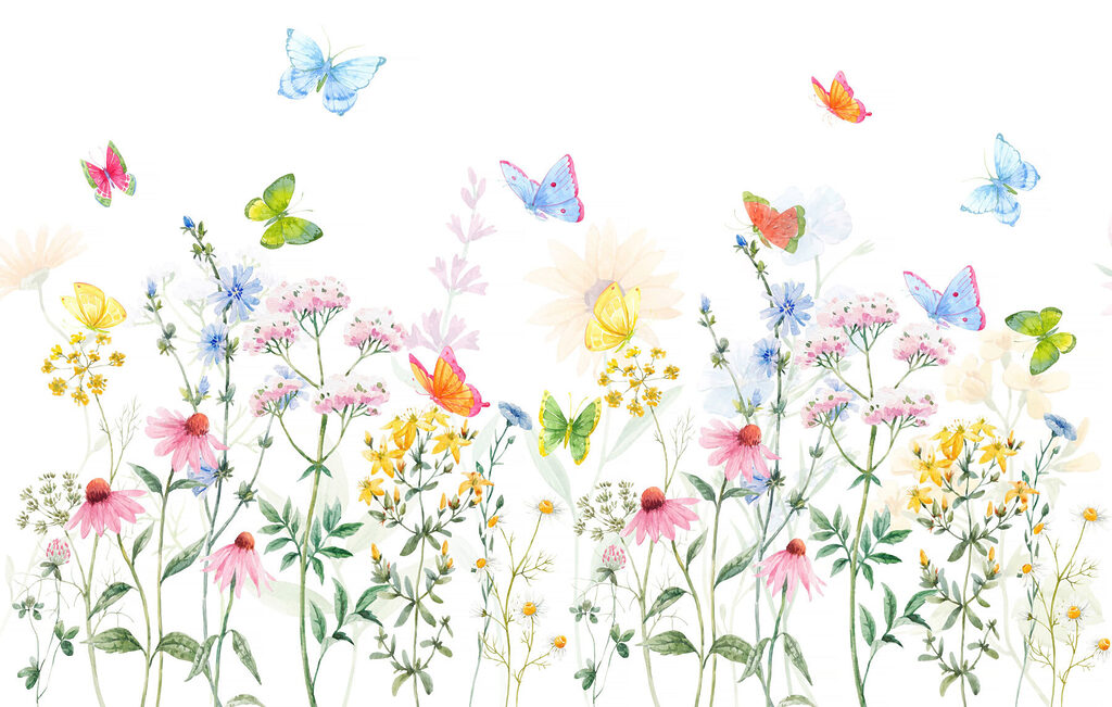 Butterflies above wildflowers — full design