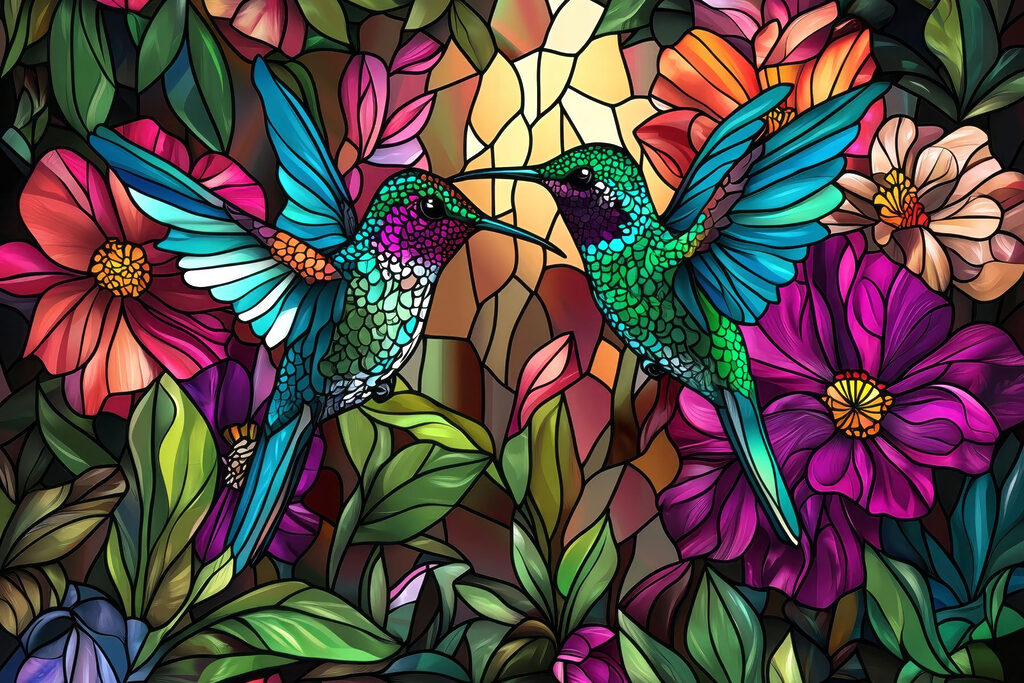Hummingbirds among colourful flowers — full design