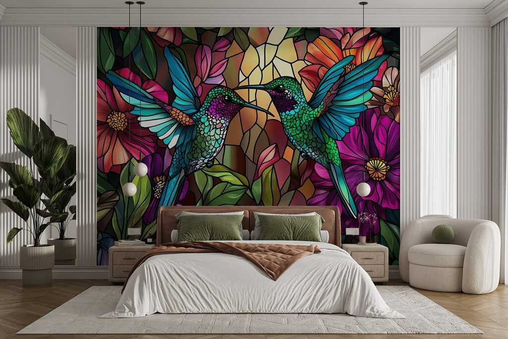 Hummingbirds among colourful flowers — interior 1