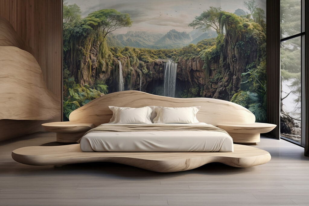 Waterfall between wooded rocks — interior 1