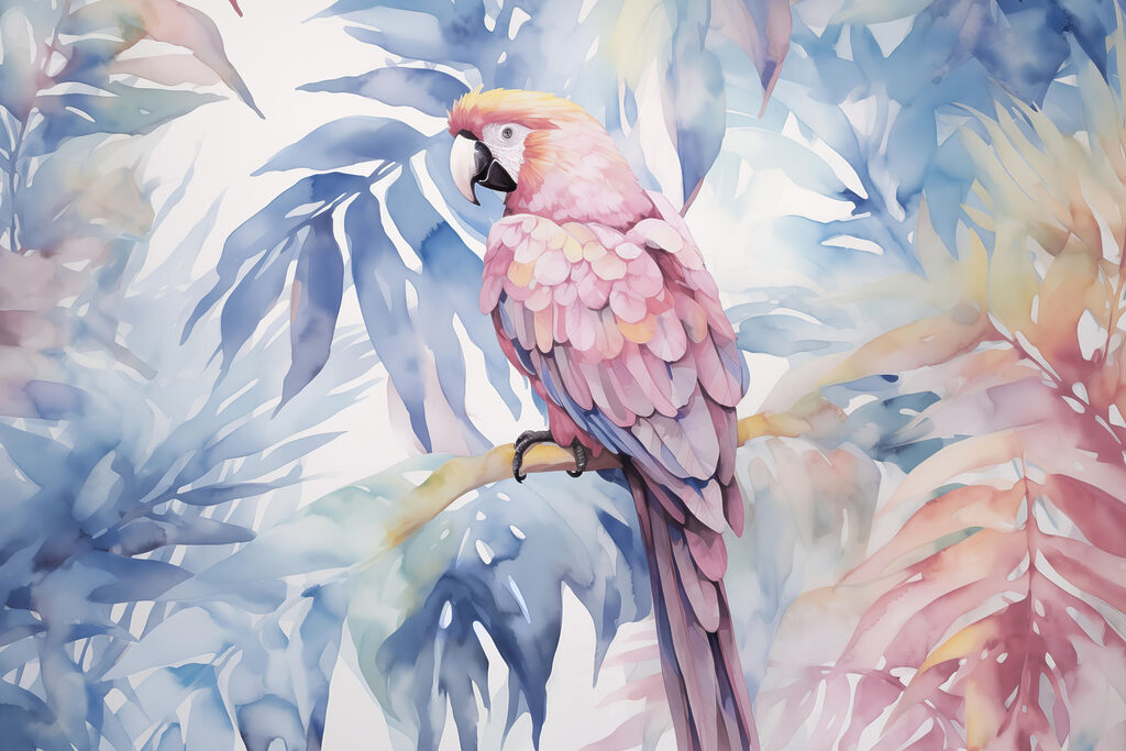 Pink parrot among leaves — full design