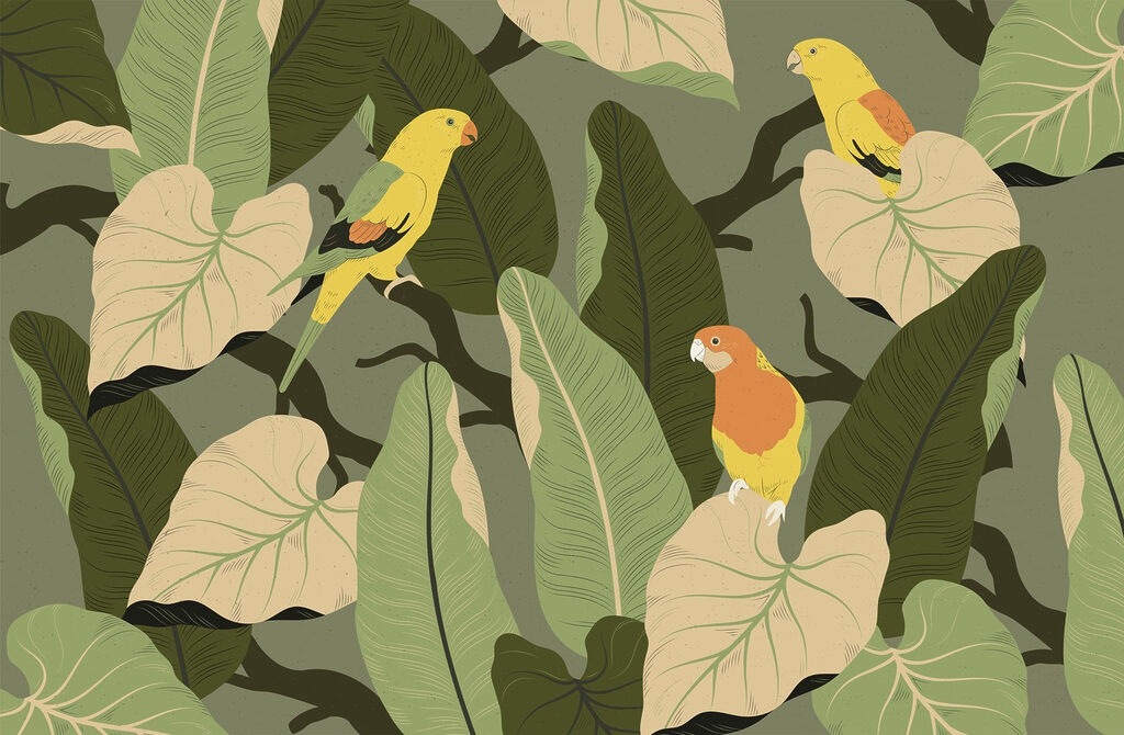 Yellow birds among leaves — full design