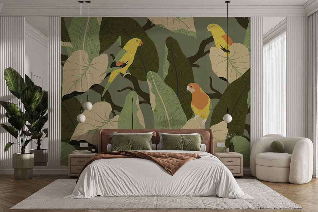Yellow birds among leaves — interior 1