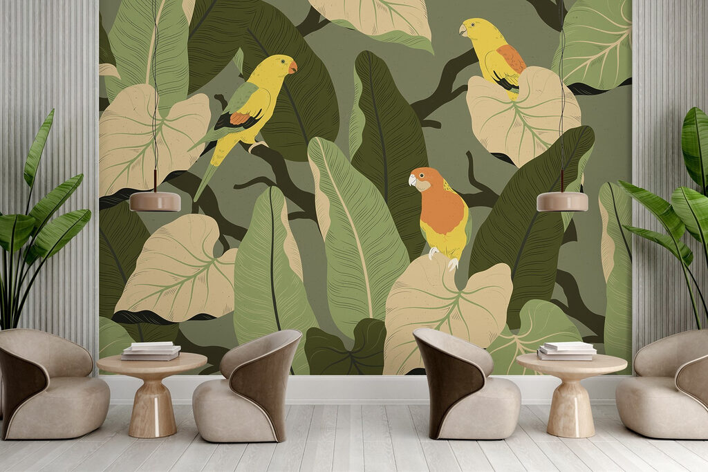 Yellow birds among leaves — interior 8