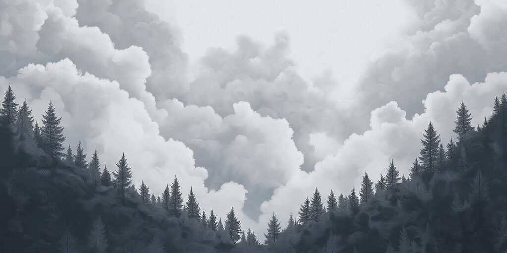 Pines under towering clouds — full design
