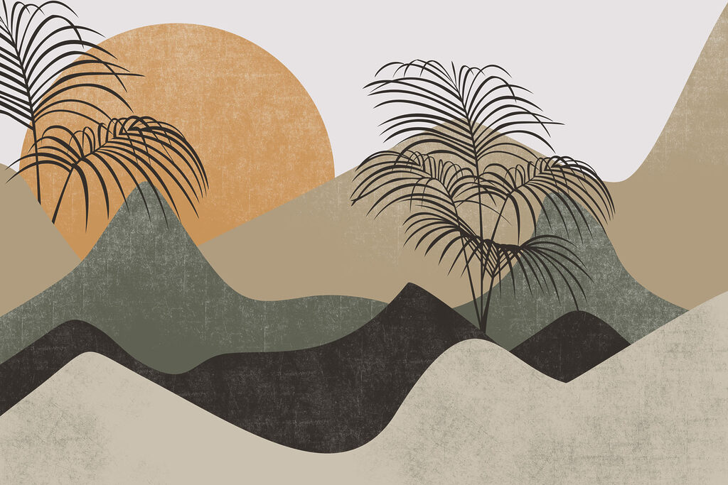 Ochre sun behind palms — full design