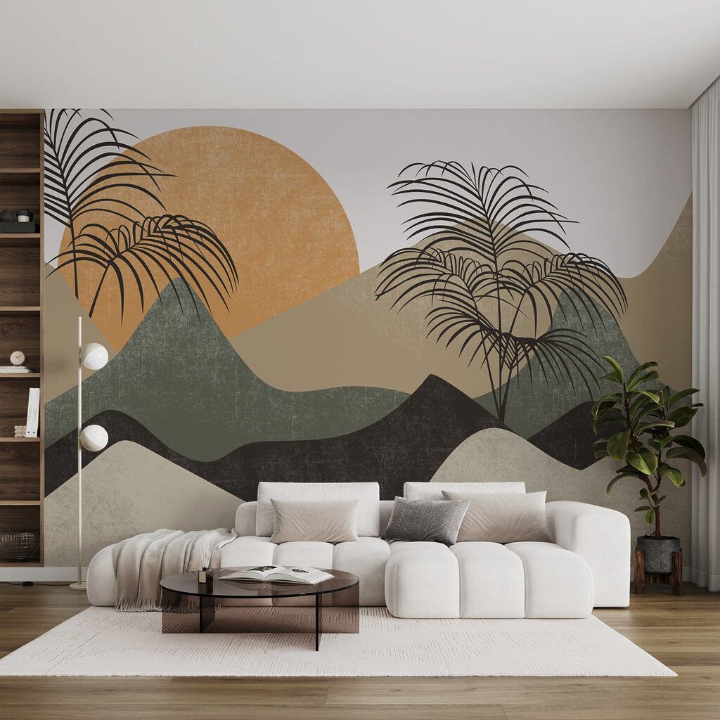 Ochre sun behind palms — interior 1