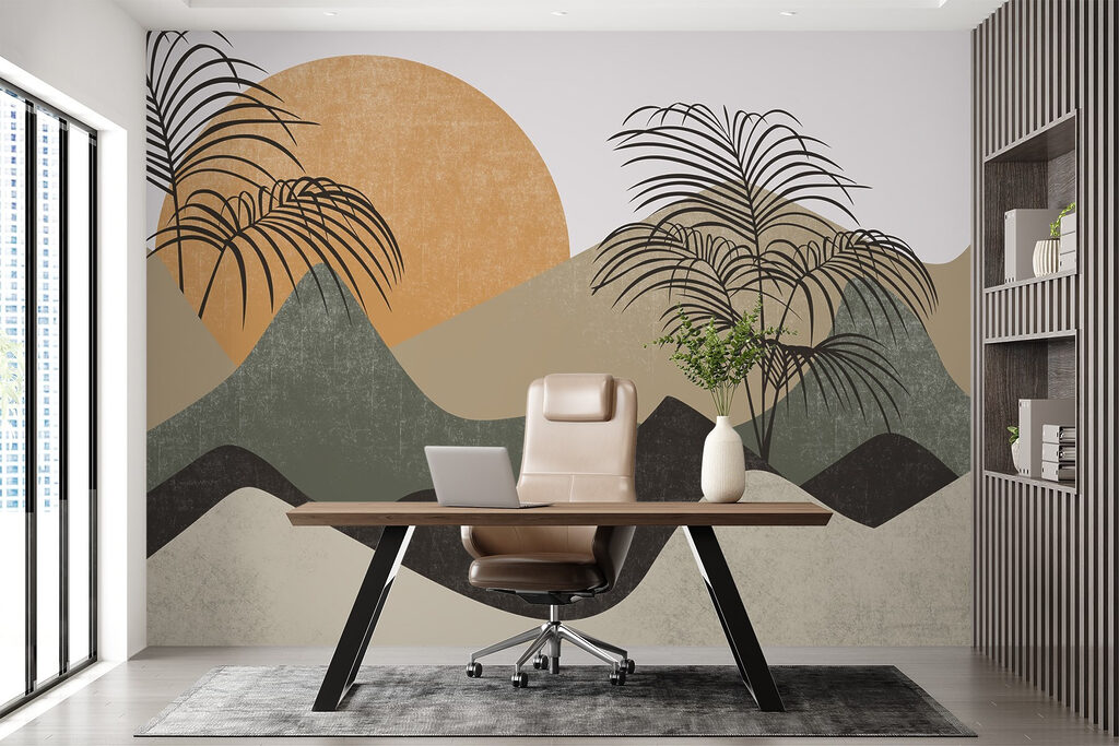 Ochre sun behind palms — interior 2