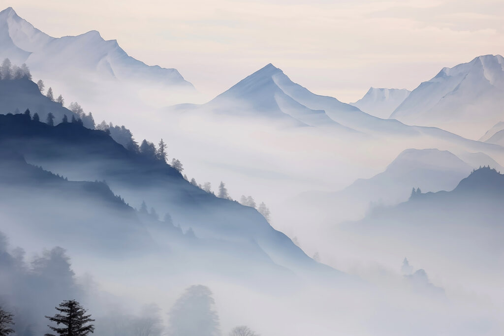 Blue mountains behind forest — full design