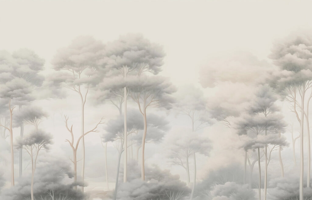 Slender treetops in mist — full design