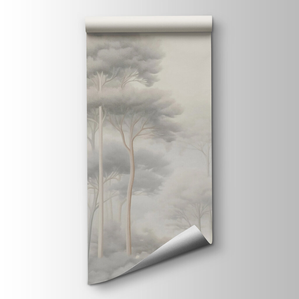 Slender treetops in mist — product view