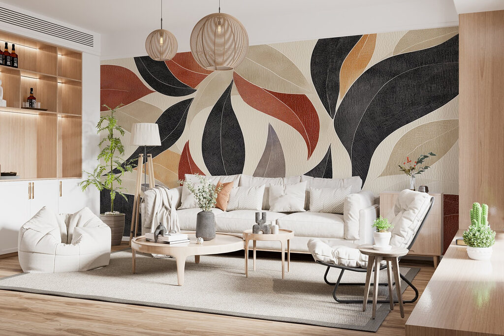 Black leaves beside terracotta — interior 3
