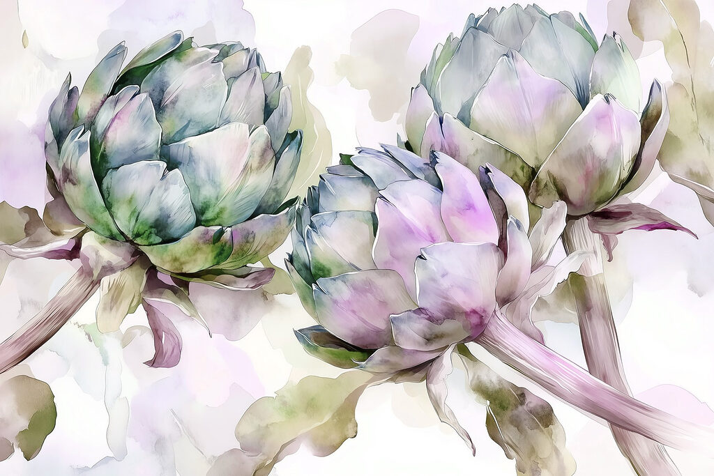 Artichoke flowers in watercolour — full design