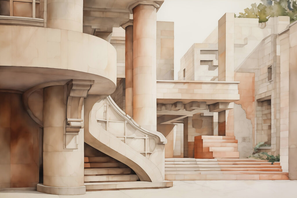 Steps between round columns — full design