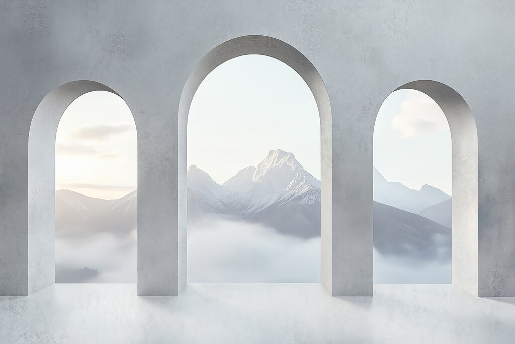 Mountain view through arches — full design