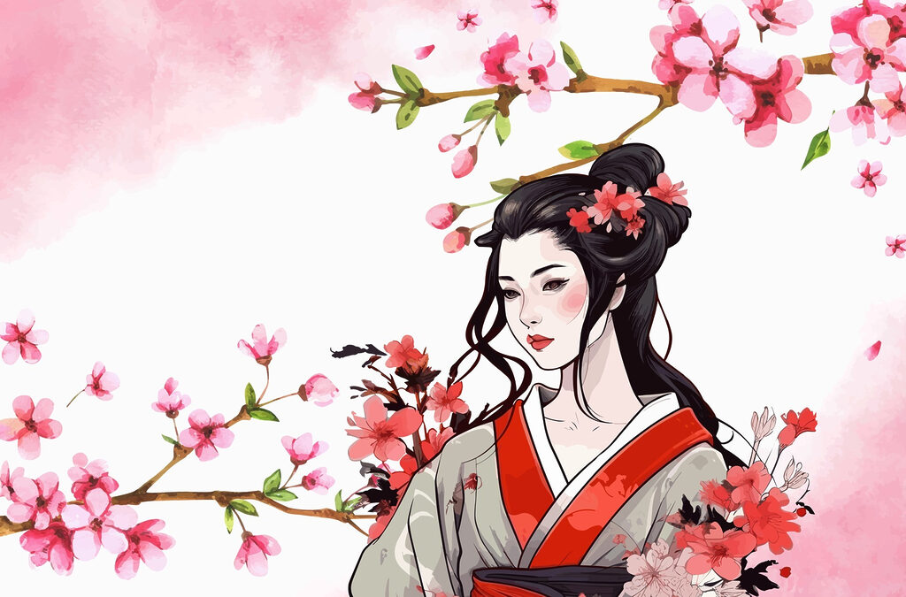 Woman among pink blossom — full design