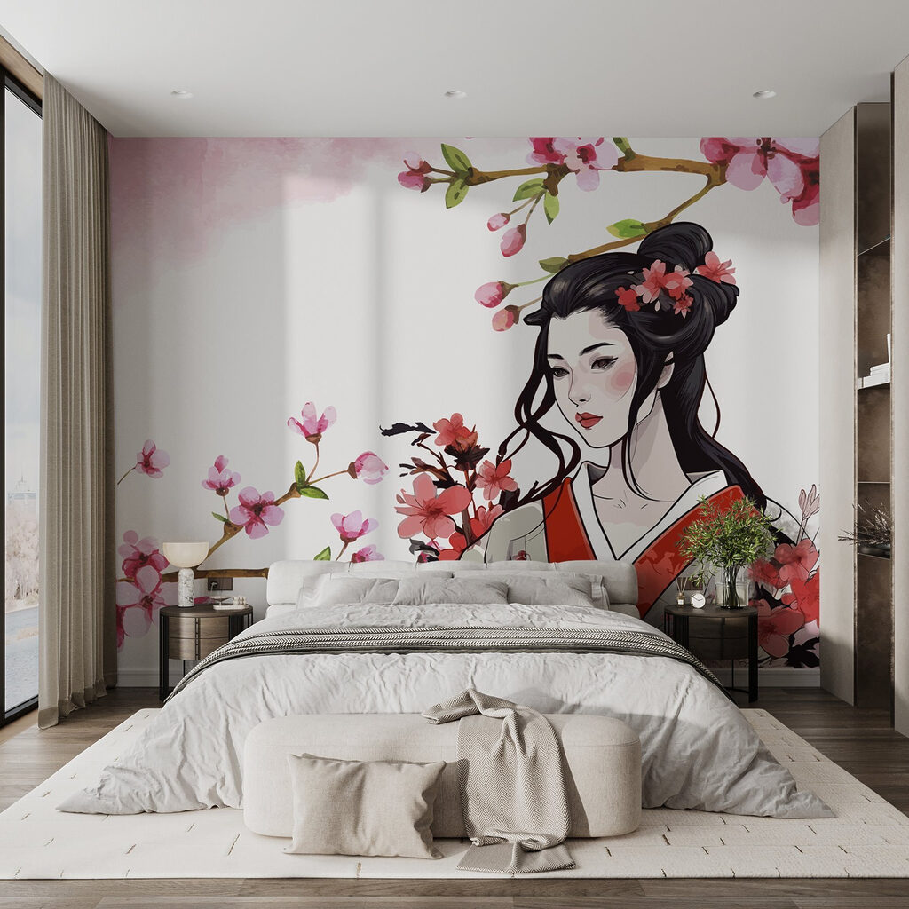Woman among pink blossom — interior 1