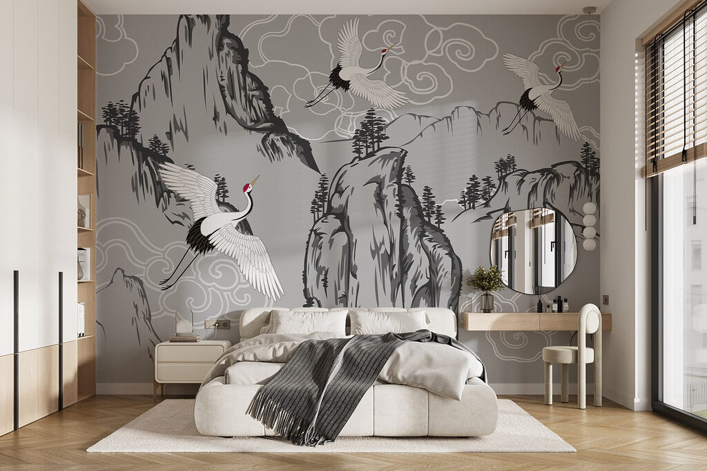 Cranes Above Rocky Peaks in an interior