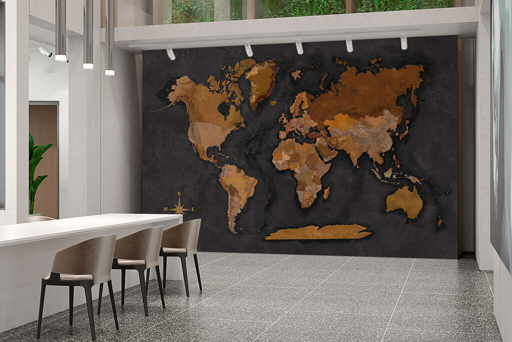 Warm metallic world map — interior 3