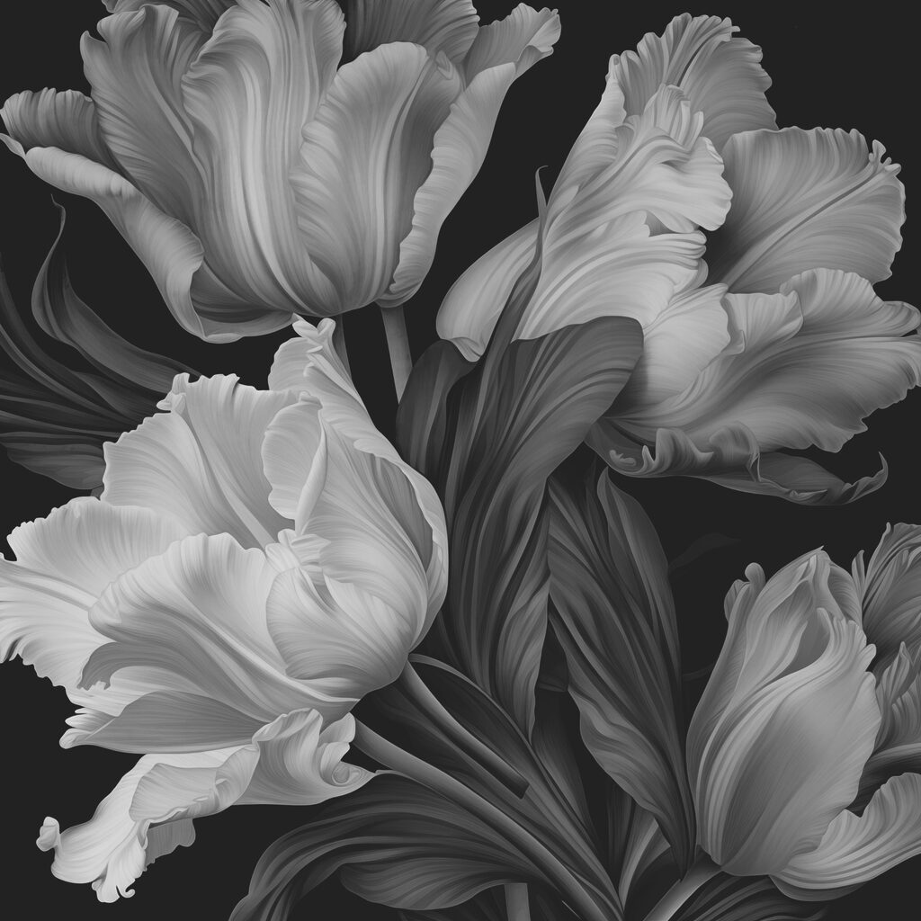 Grey tulips on black — full design