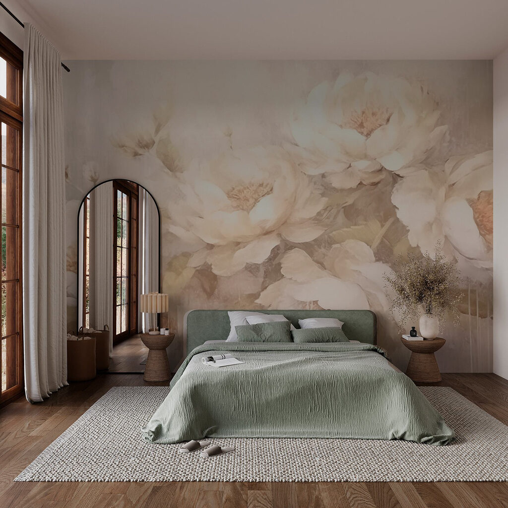 Peonies above weathered paint — interior 1