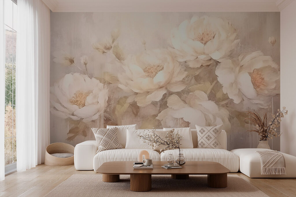 Peonies above weathered paint — interior 2