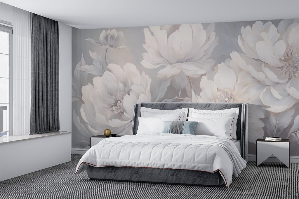 White peonies on grey — interior 1