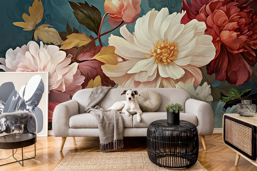 Cream flowers on petrol — interior 1