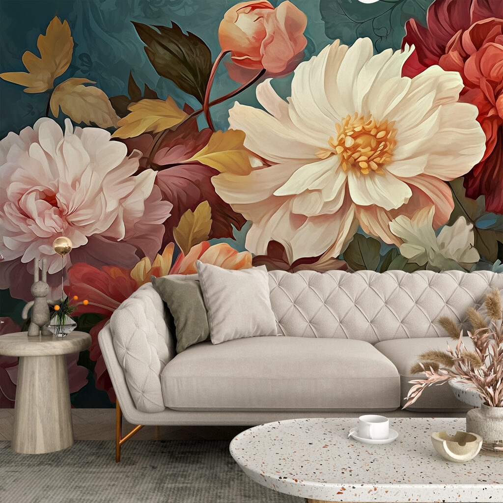 Cream flowers on petrol — interior 2