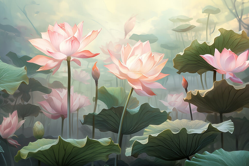 Pink lotus among leaves — full design