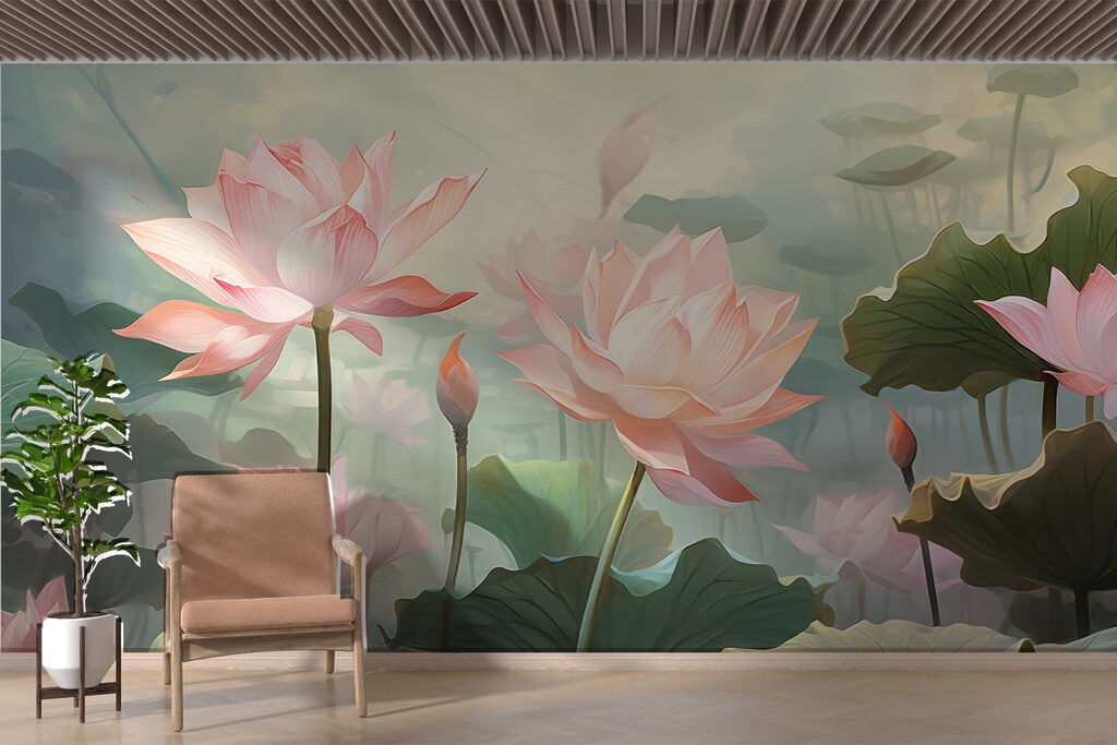 Pink lotus among leaves — interior 1