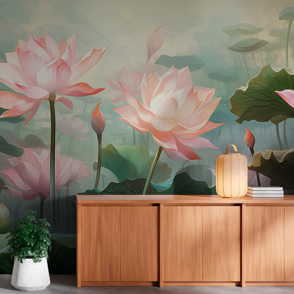 Pink lotus among leaves — interior 2