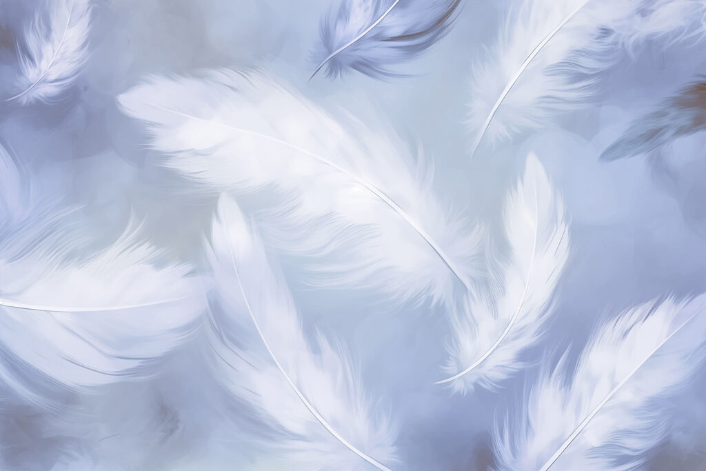 Feathers floating softly — full design