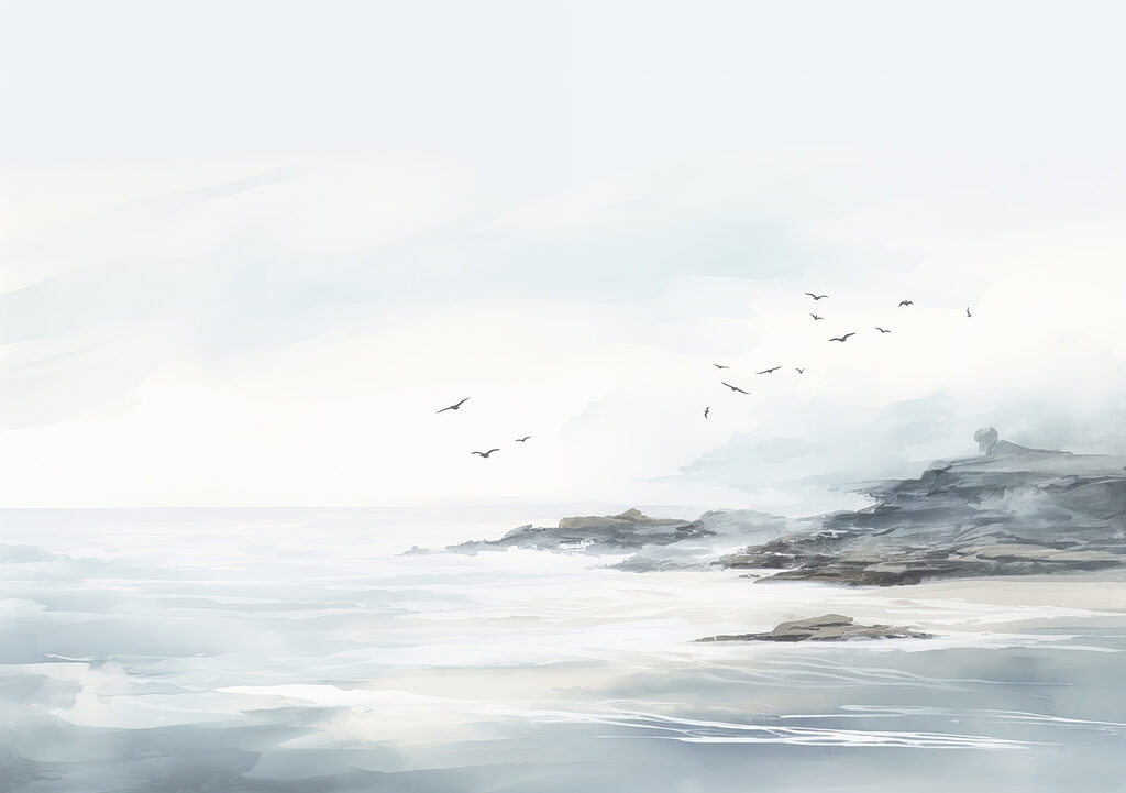 Birds above grey coastlines — full design