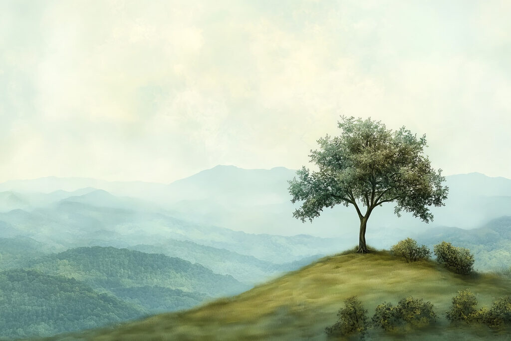 Lone tree over hills — full design