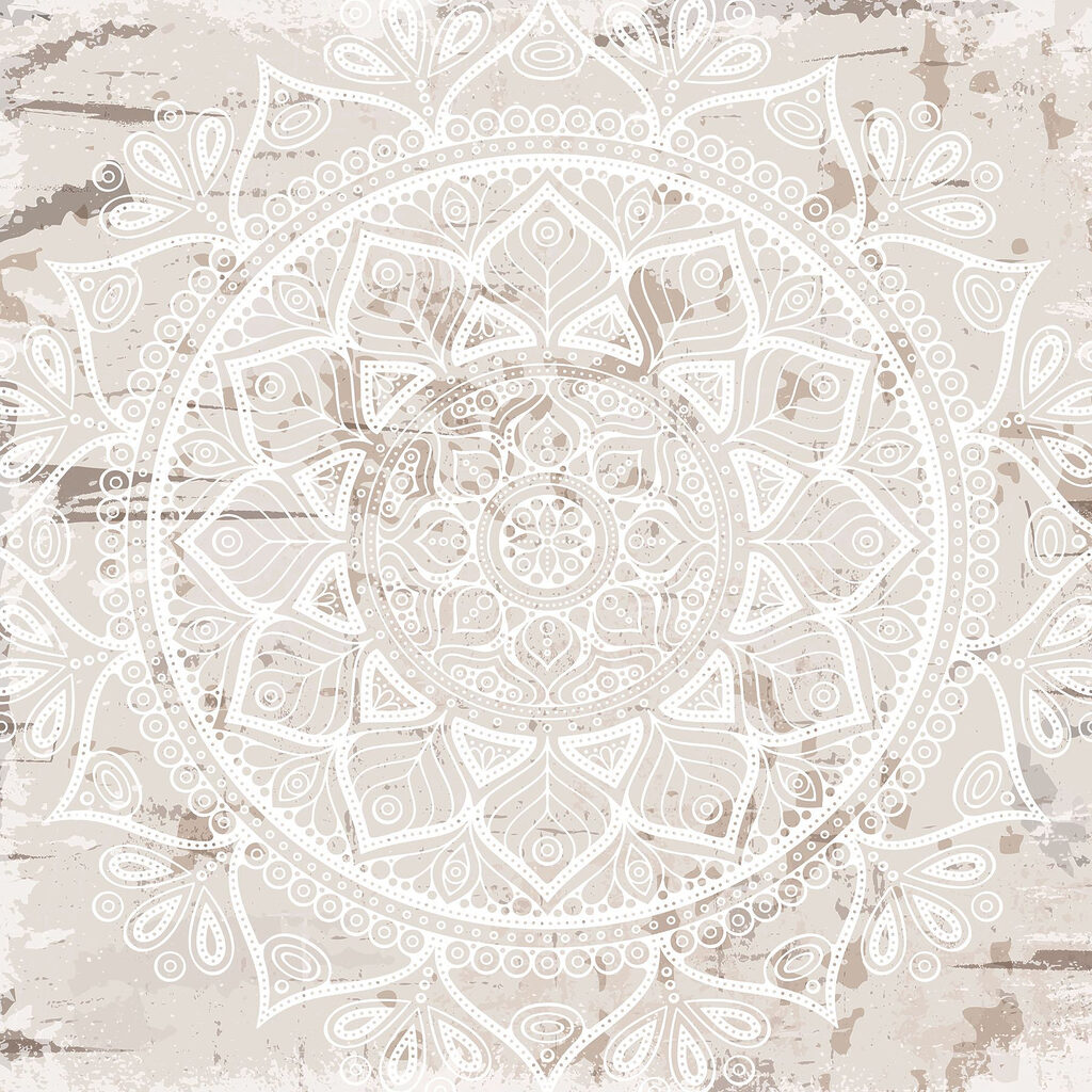 White mandala on beige — full design