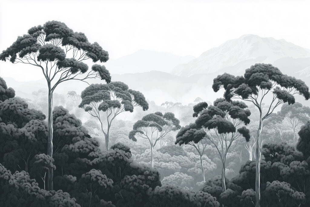 Tall treetops over hills — full design