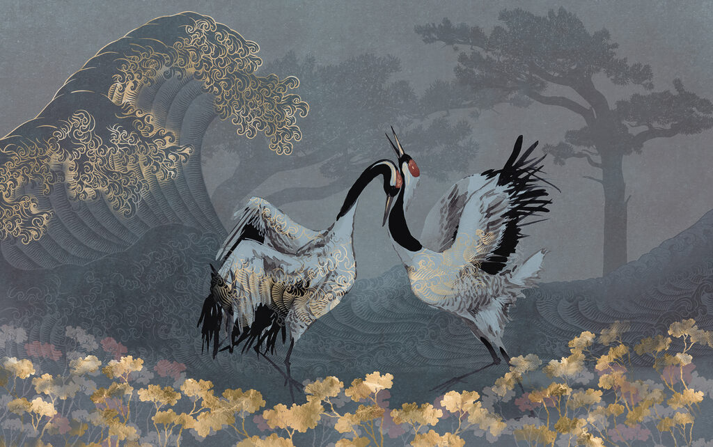 Cranes before dark mountains — full design