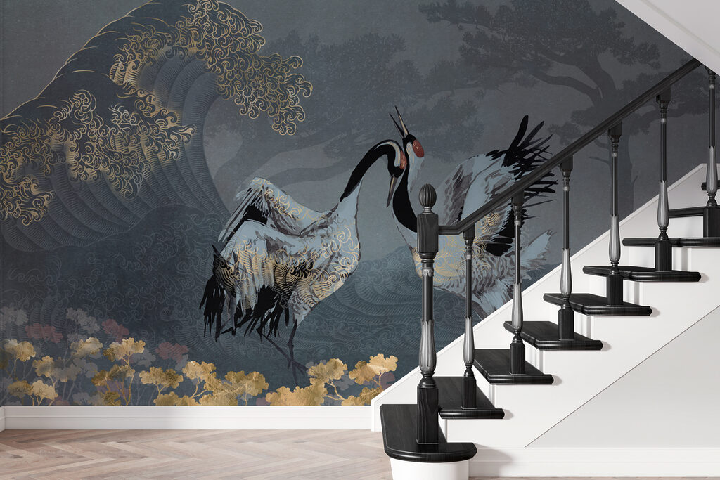 Cranes before dark mountains — interior 1