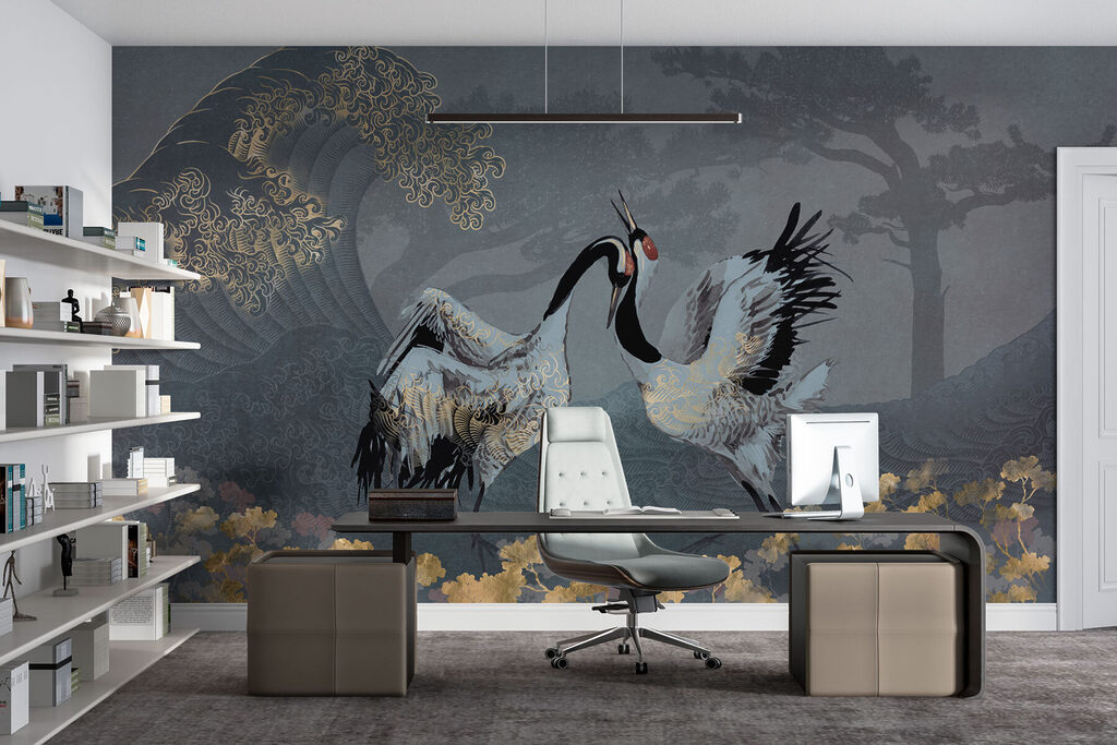 Cranes before dark mountains — interior 2
