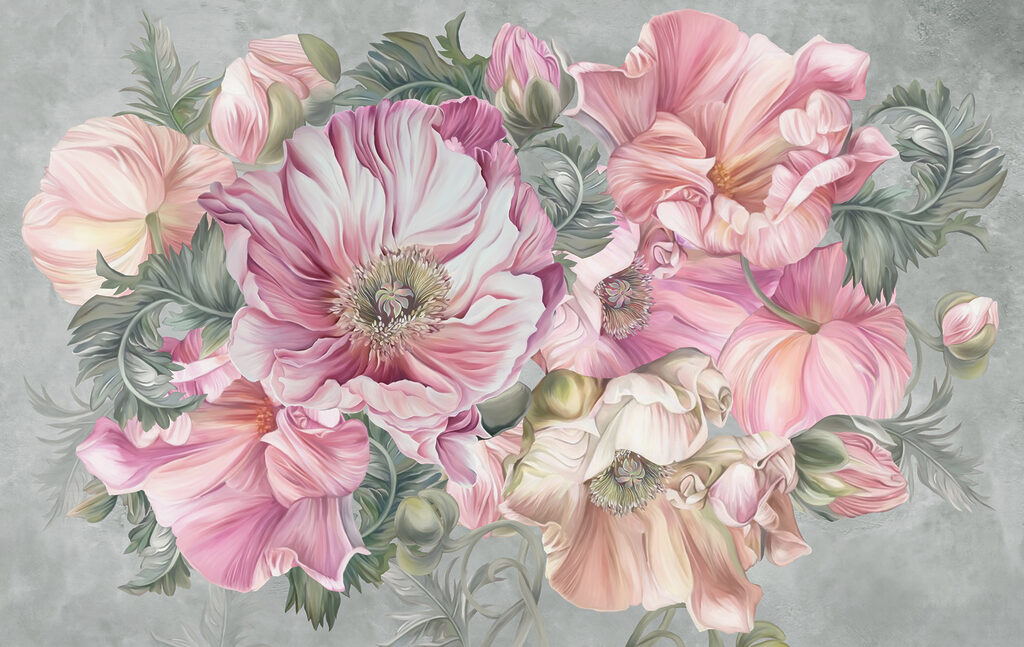Pink bouquet on grey-green — full design