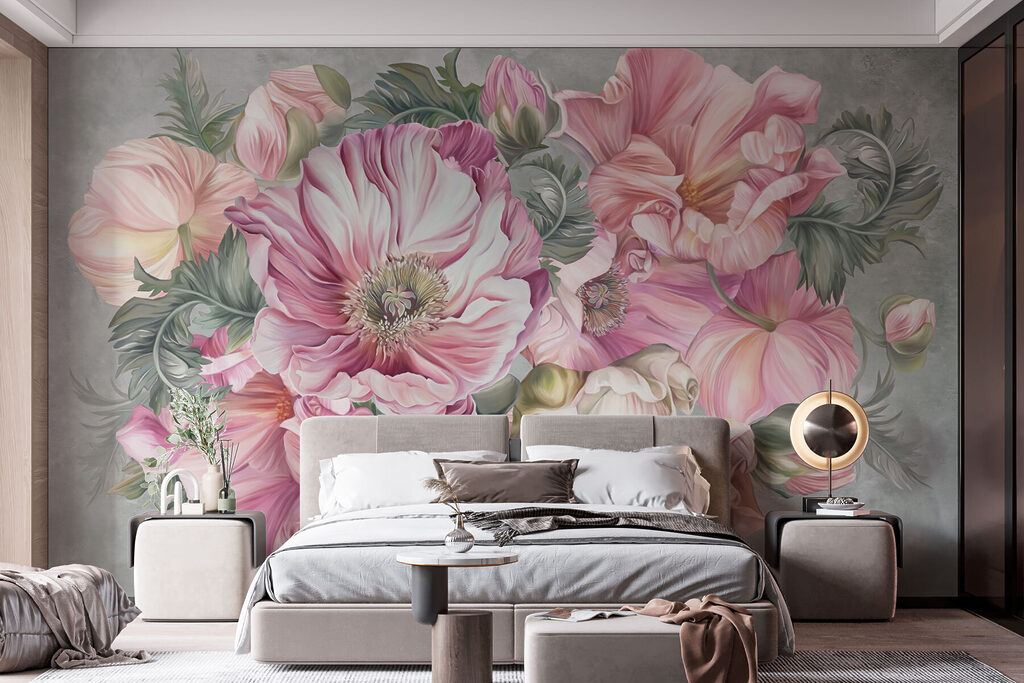 Pink bouquet on grey-green — interior 1