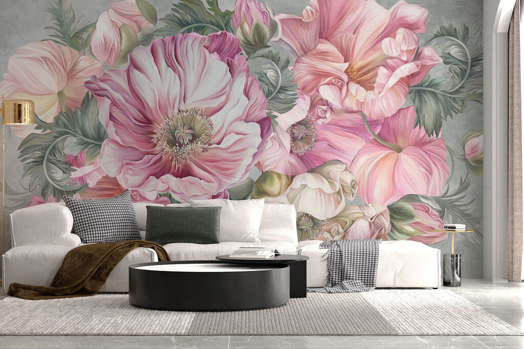 Pink bouquet on grey-green — interior 2