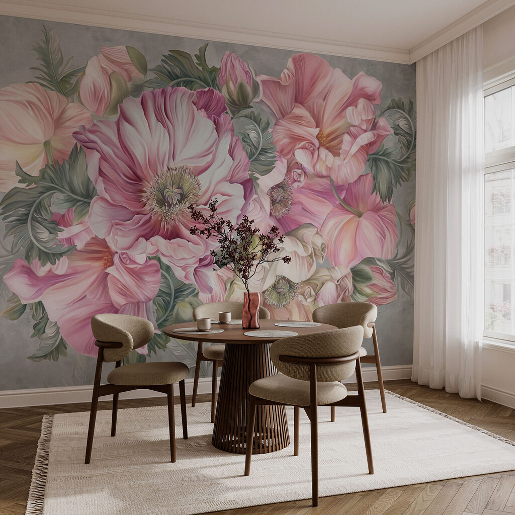 Pink bouquet on grey-green — interior 3