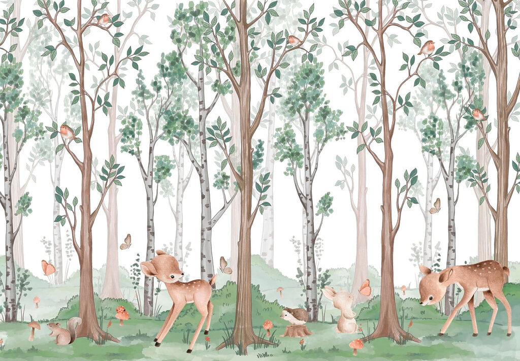 Deer between slender trunks — full design